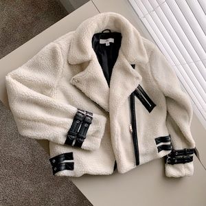 Missguided White Sherpa Cropped Moto Jacket